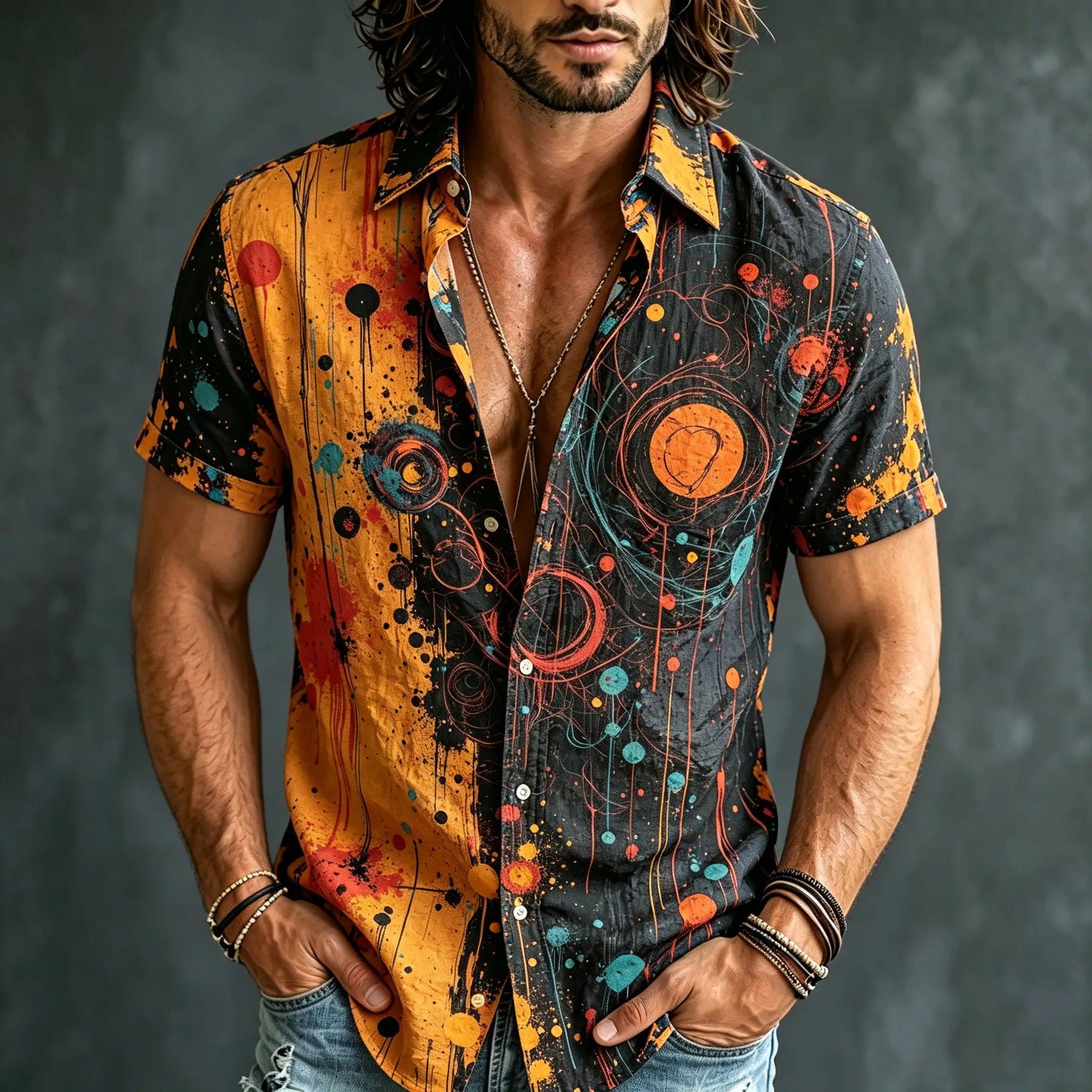 Men's Retro Hippie Style Printed Cotton Linen Short-sleeve Shirt 1