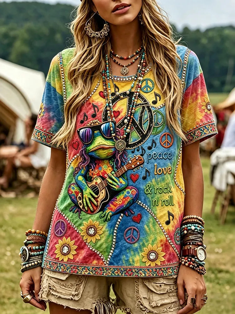 Women's Vintage Hippie Floral And Frog In Patchwork Pattern Art Embroidered T-shirt