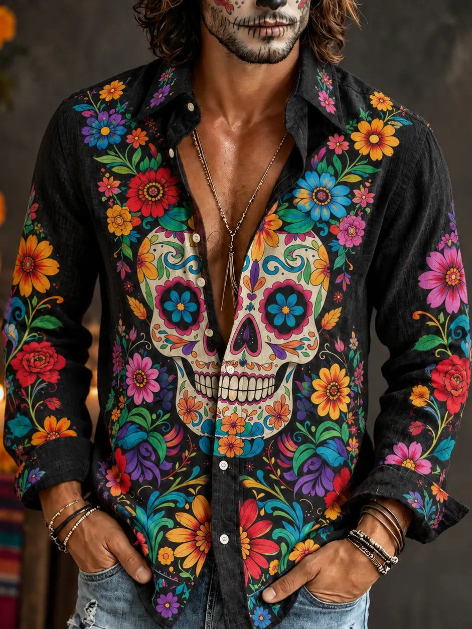 Men‘s Retro Mexico Day Of The Dead Floral Skull Printed Long-sleeved Shirt