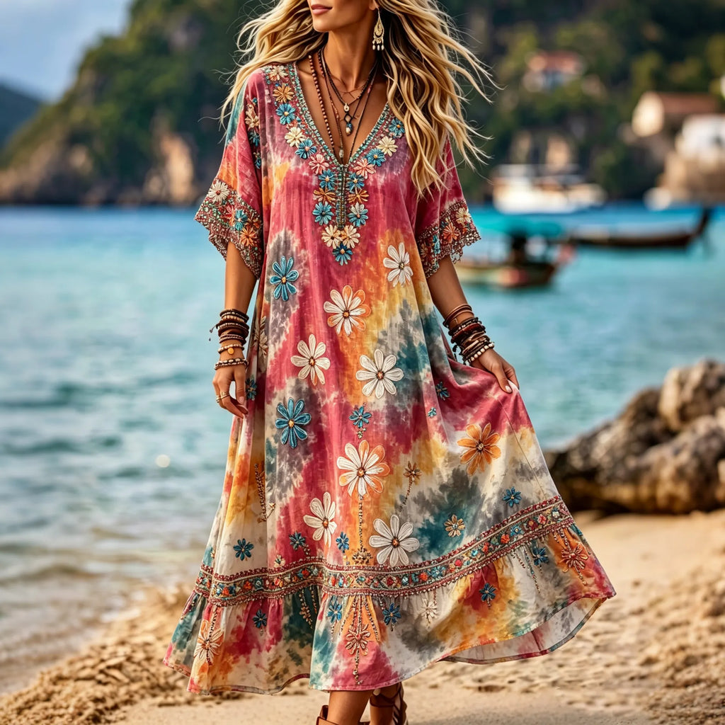 Women's Retro Hippie Floral Art Flowy Cotton Linen V-neck Short Sleeve Long Dress