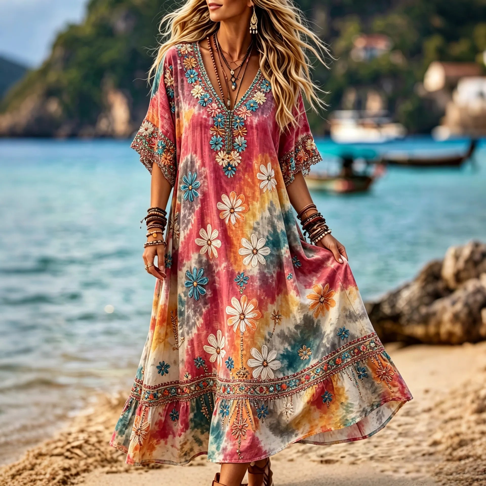 Women's Retro Hippie Floral Art Flowy Cotton Linen V-neck Short Sleeve Long Dress