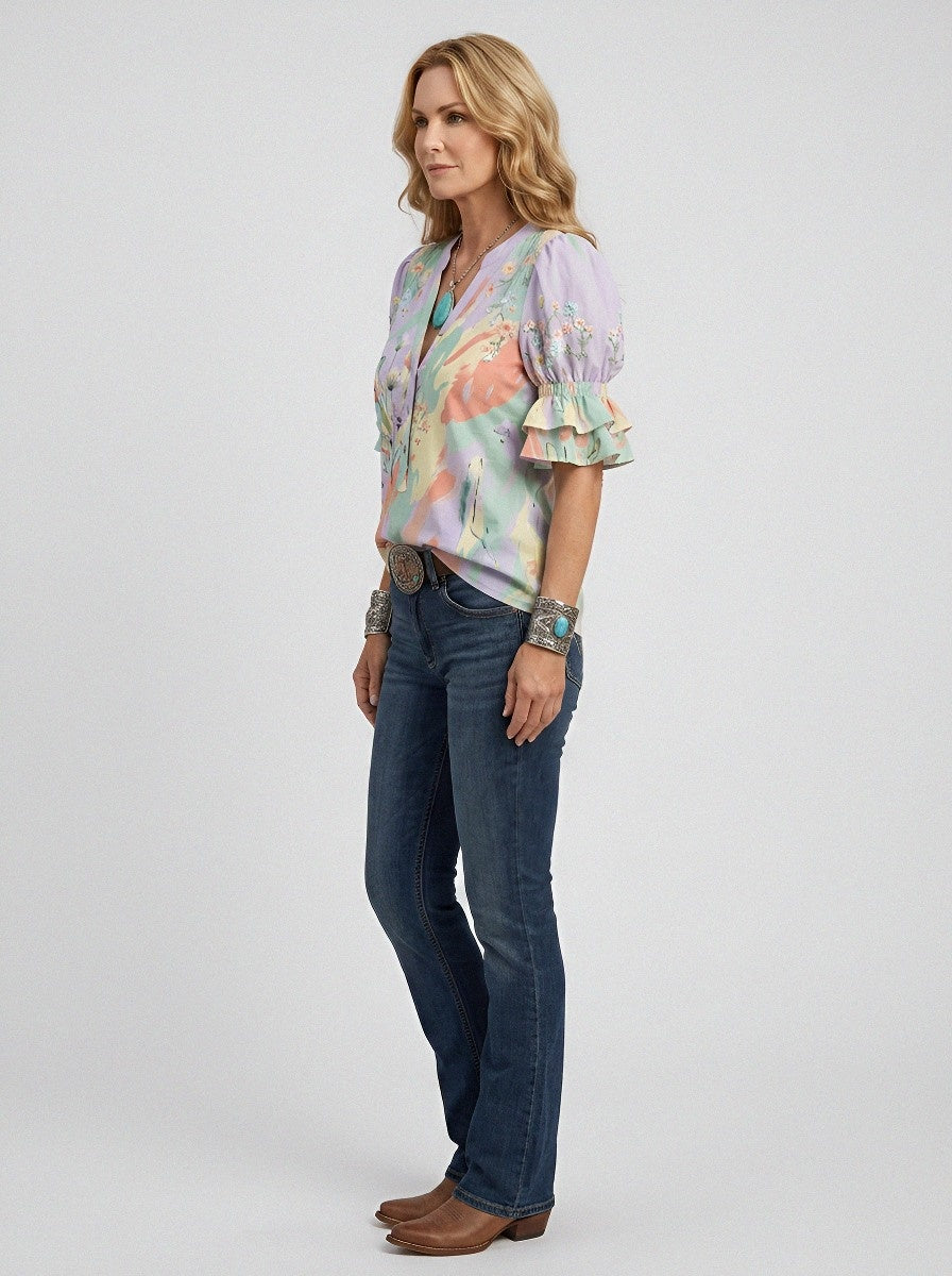 Women's Western Vintage Floral Watercolor Printed V-Neck Top
