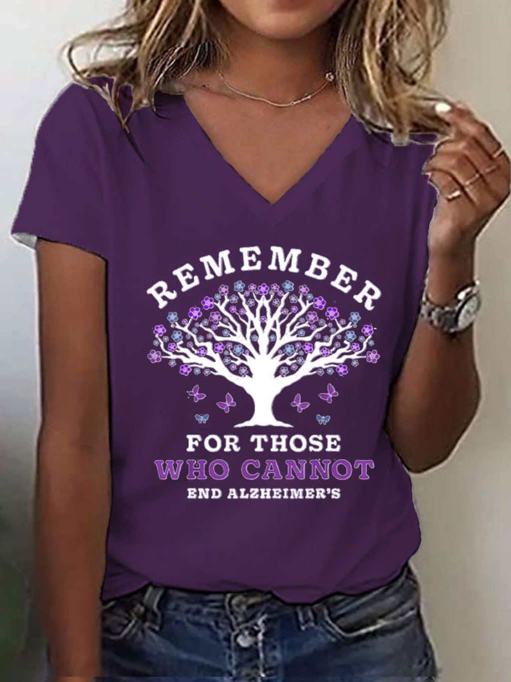 Women's Remember For Those Who Cannot Dementia Alzheimer's Disease Awareness Printed V-Neck T-Shirt