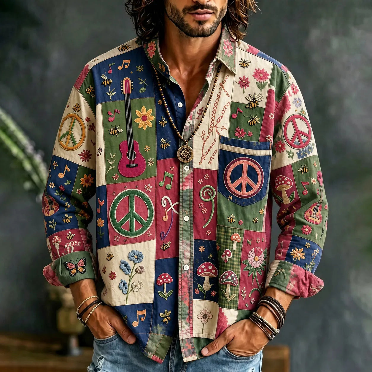 Men's Peace Sign And Guitar Hippie Patchwork Print Long Sleeves Shirt