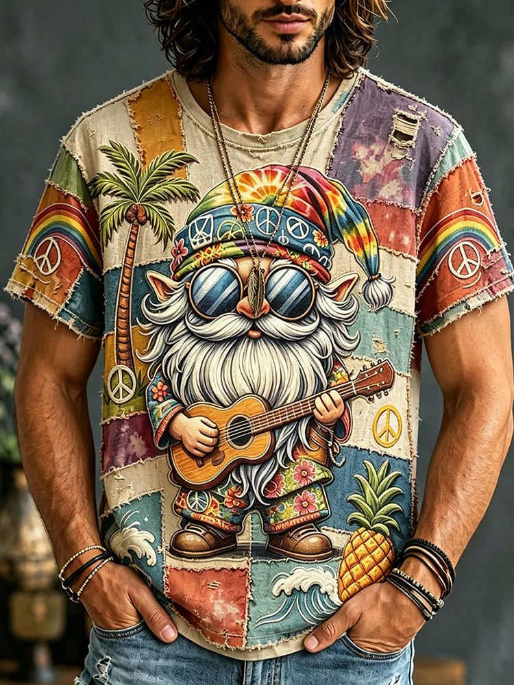 Men's Fun Patchwork Peace Gnome Guitar Art Print T-shirt