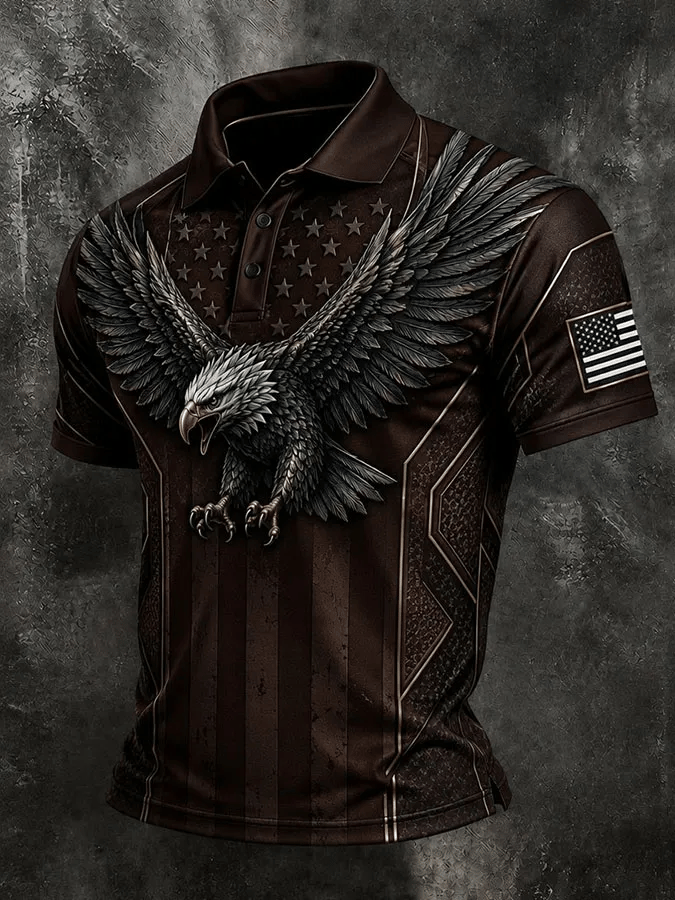 Men'S Retro Independence Day Flag Printed Short Sleeved Polo Shirt