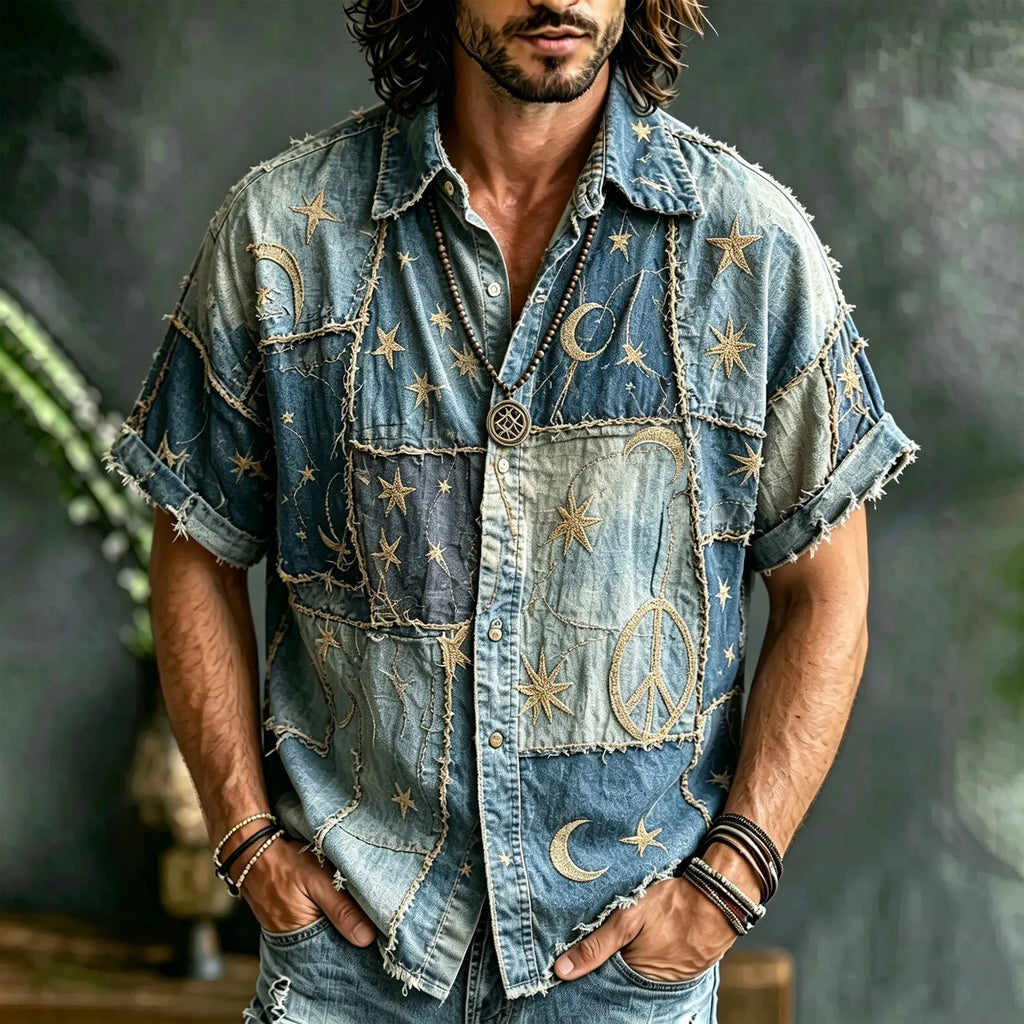 Men's Vintage Hippie Patchwork Denim Short Sleeve Shirt