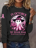Women's In October We Wear Pink Halloween Ghost Breast Cancer Awareness Warrior Long-Sleeve T-Shirt
