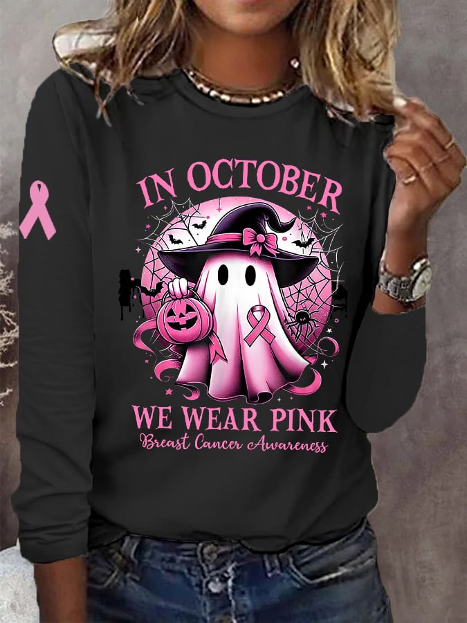 Women's In October We Wear Pink Halloween Ghost Breast Cancer Awareness Warrior Long-Sleeve T-Shirt