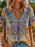 Women's Retro Bohemian Style Floral And Dragonfly Print V-neck Short-sleeve Top