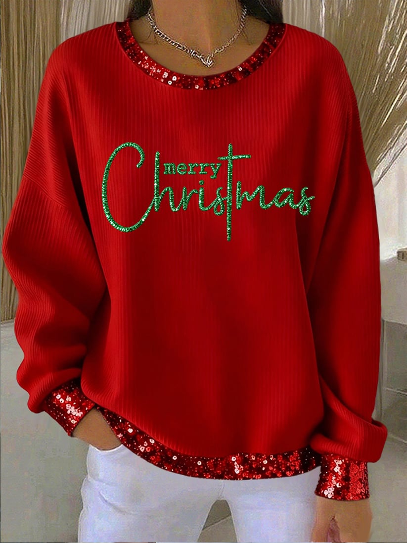 Women's Merry Christmas Print Round Neck Sweatshirt