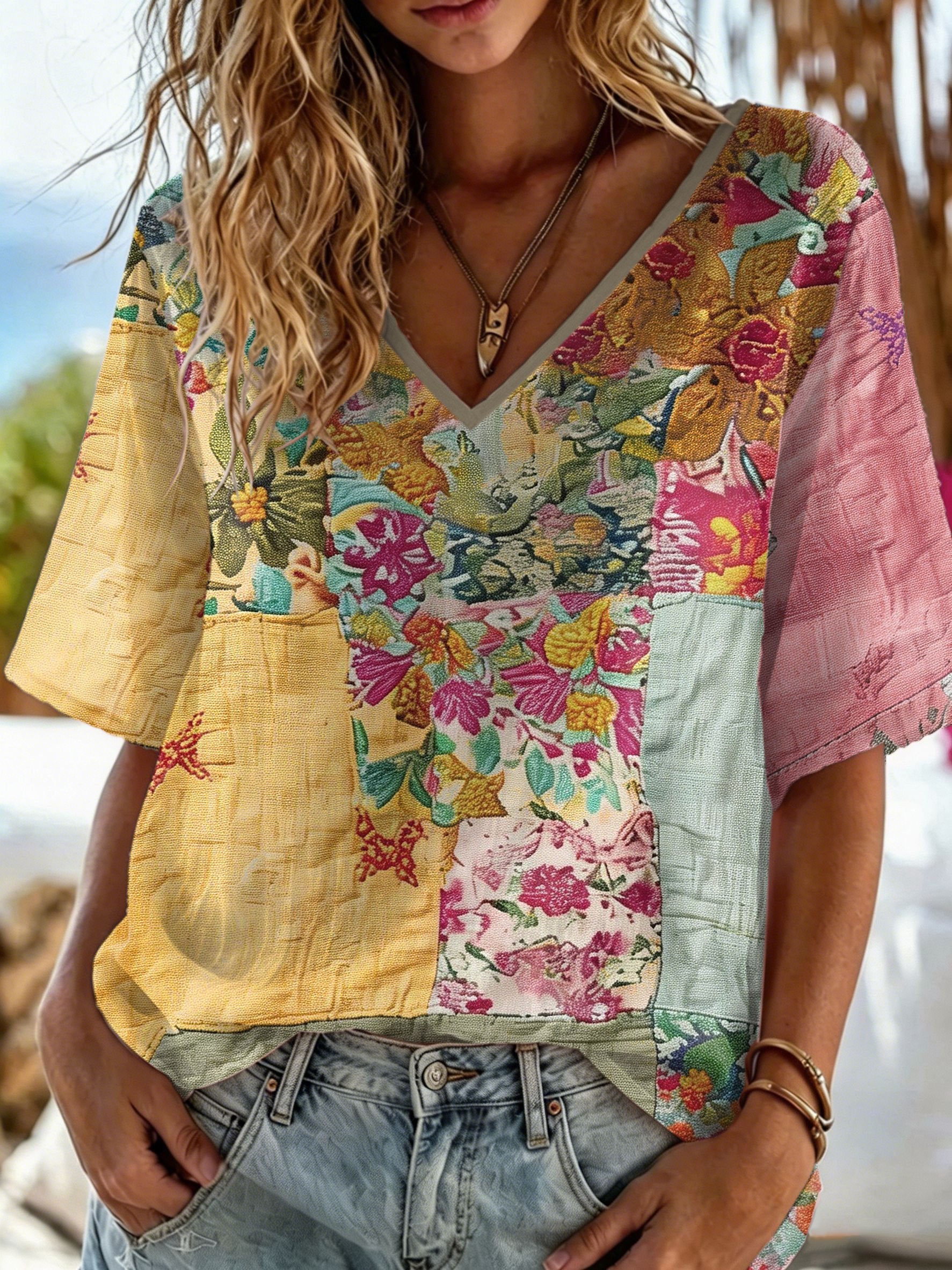Women's Retro Breast Cancer Floral Print Long-Sleeved Top