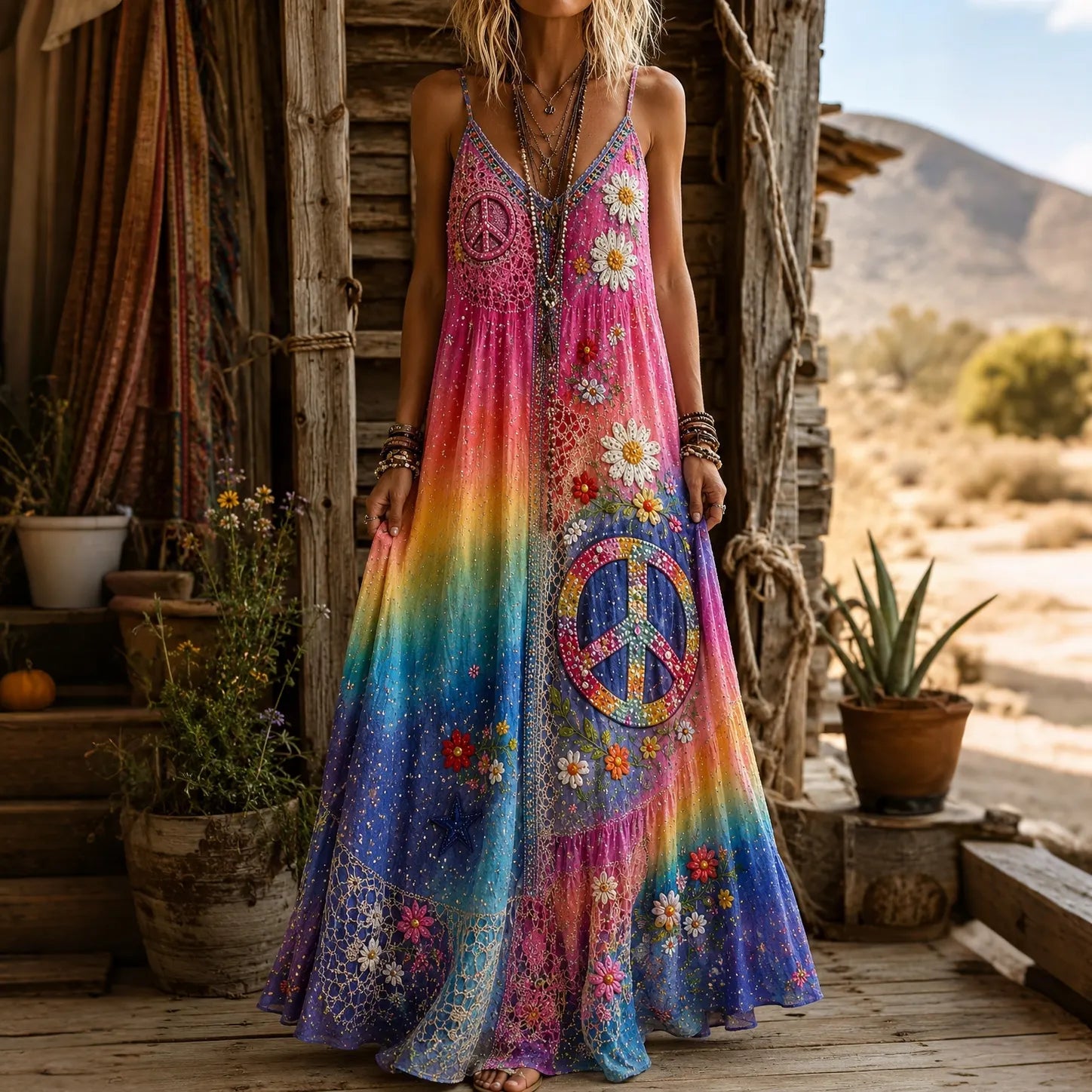 Women's Vintage Hippie Floral Gradient Pattern Casual Linen Sleeveless Dress