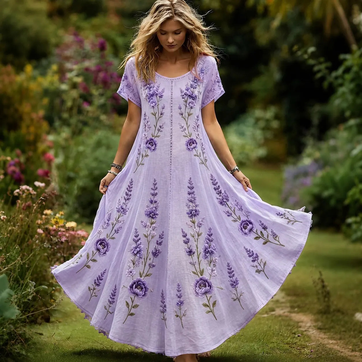 Women's Vintage Floral Embroidery Art Crew Neck Short Sleeve Maxi Dress