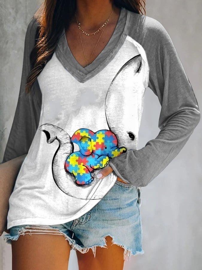Women'S Autism Elephant And Baby Elephant Print T-Shirt