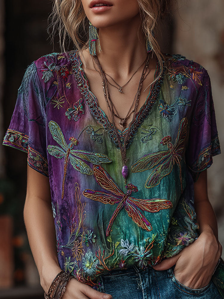 Women's Vintage Dragonfly Floral Art Linen Blend Casual V-neck T-shirt