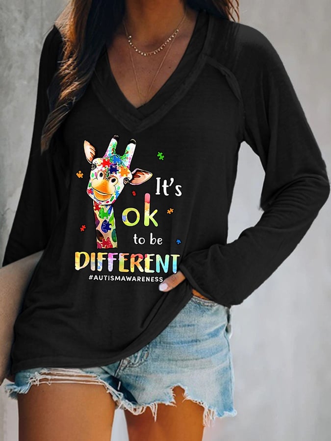 V-neck Autism Awareness Giraffe It's Ok To Be Different Print T-Shirt