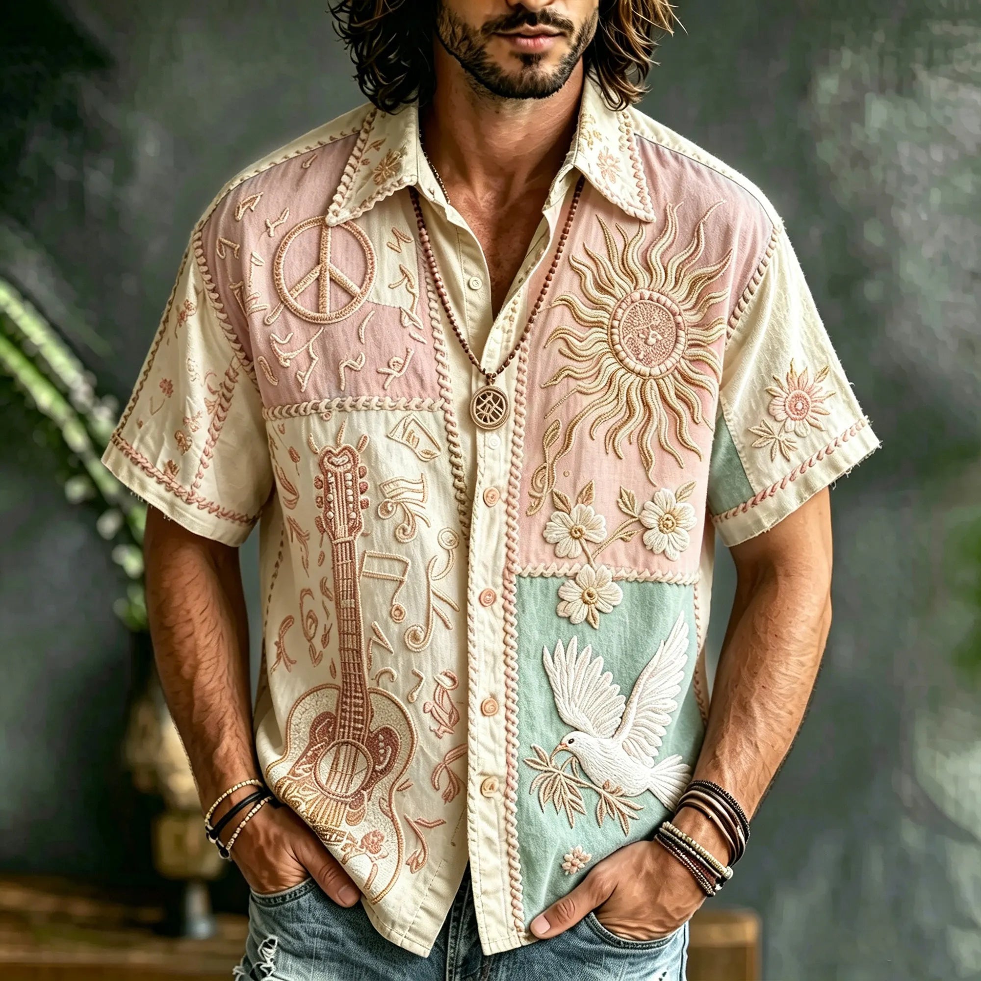 Men's Patchwork Denim Linen Short Sleeve Button Up Shirt, 3d Embroidery Guitar Peace Sign Sun Dove Floral Hippie Boho Vacation Shirt