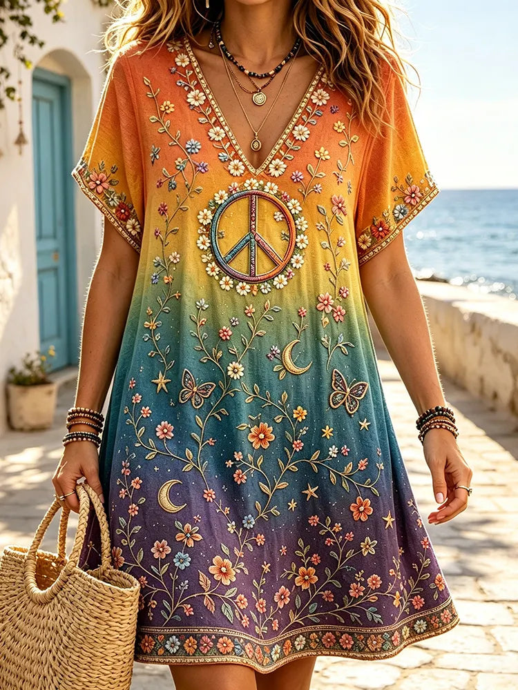 Women's Hippie Peace And Floral Embroidered Short Sleeve Dress