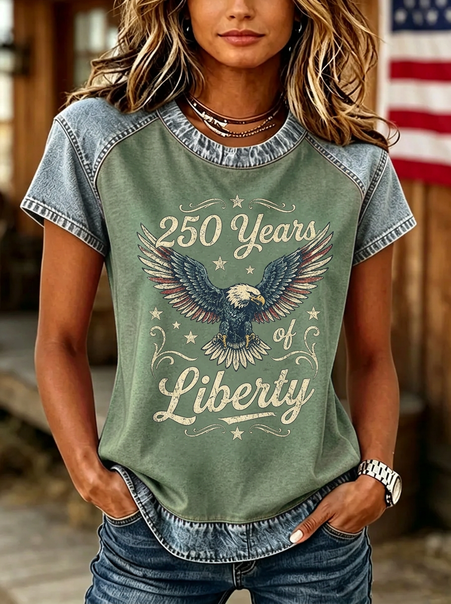 Women's Western Independence Day Eagle 250 Years Printed T-shirt-2