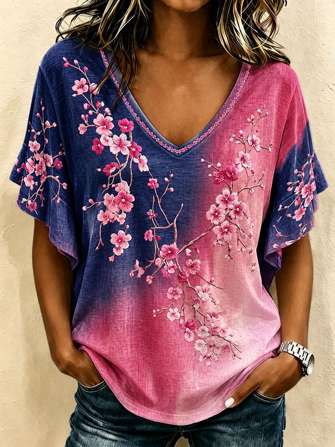 Women's Breast Cancer Awareness Print V-Neck Casual Ruffled T-Shirt