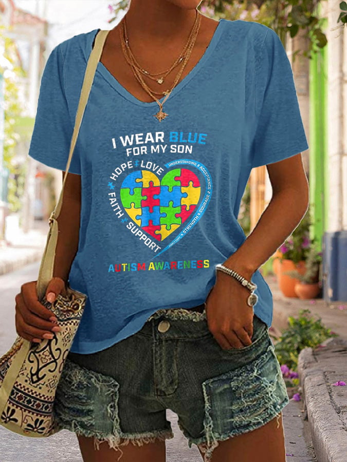 V-neck Autism Awareness I Wear Blue For My Son Print T-Shirt
