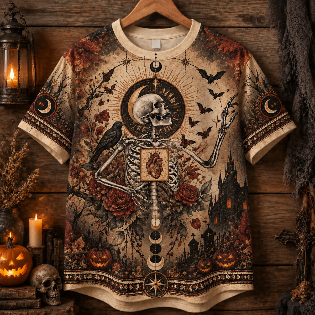 Women's Vintage Boho Gothic Skeleton Raven Sacred Heart Halloween T-shirt