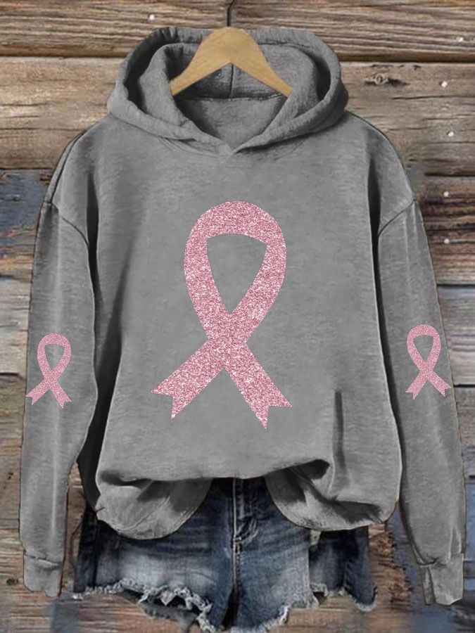 Womens Breast Cancer Sequin Pink Ribbon Hoodie