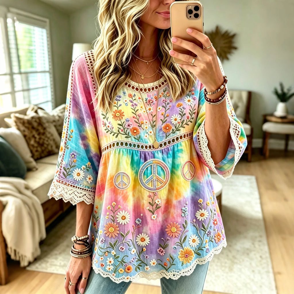 Women's Retro Peace Symbol Casual Crew Neck Cotton Linen T-shirt