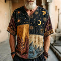 Men's Hippie Style Star Moon Embroidery Color Blocking Linen T-shirt