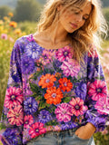 Women's Casual Crewneck Sweatshirt With Vibrant Purple And Pink Watercolor Floral Print