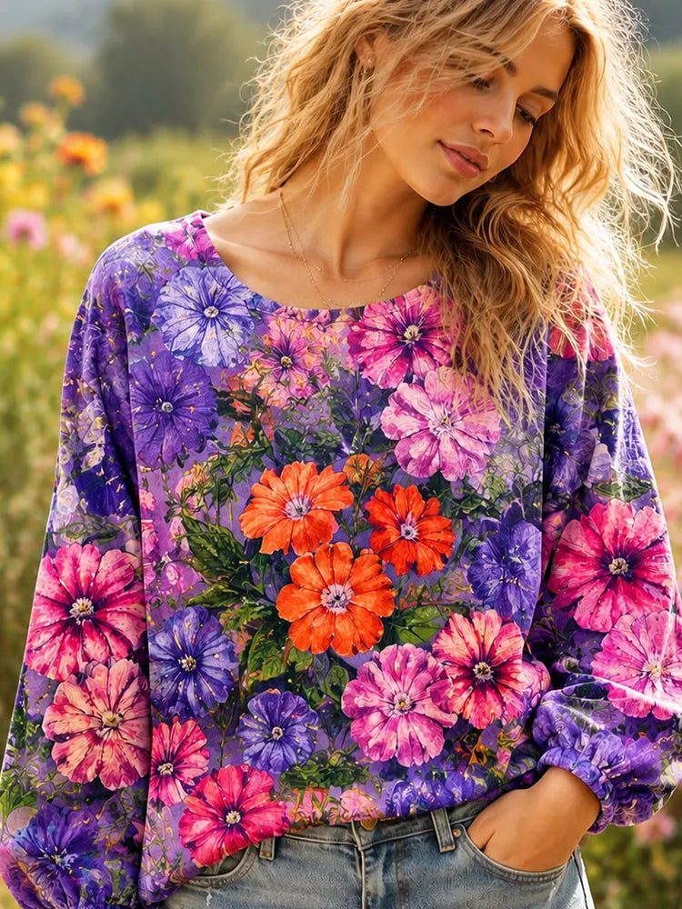 Women's Casual Crewneck Sweatshirt With Vibrant Purple And Pink Watercolor Floral Print