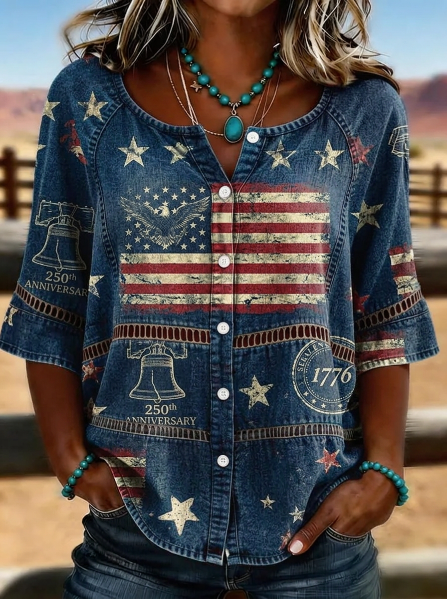 Women's Western Independence Day American Flag Eagle 1776 Printed T-shirt