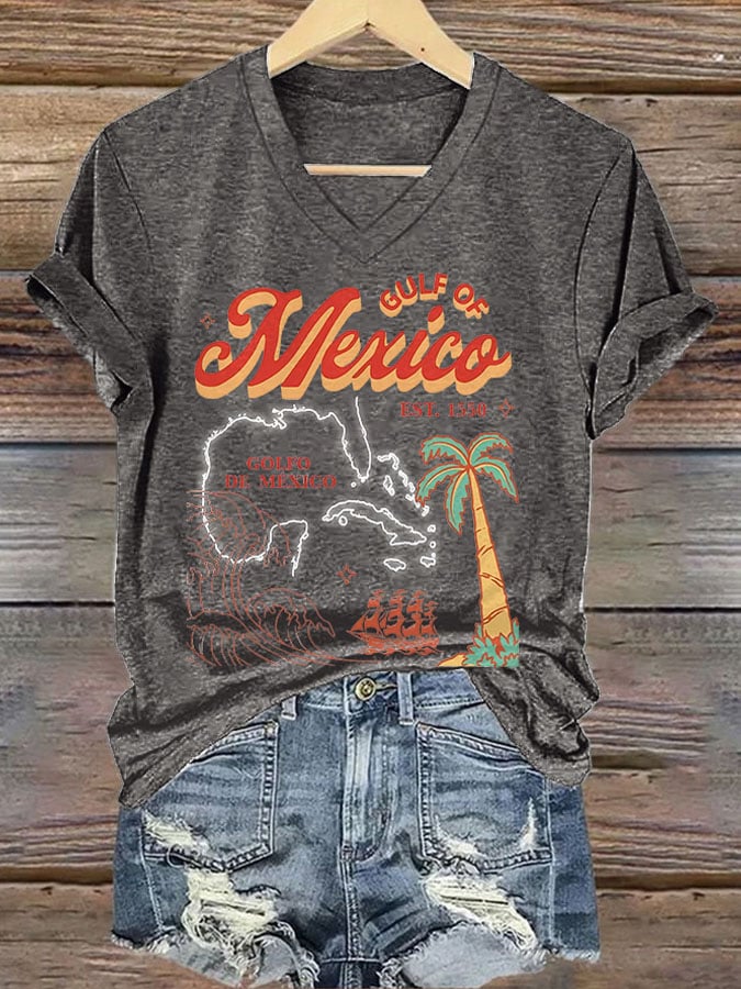 V-neck Retro Gulf Of Mexico Est.1550 Print T-Shirt