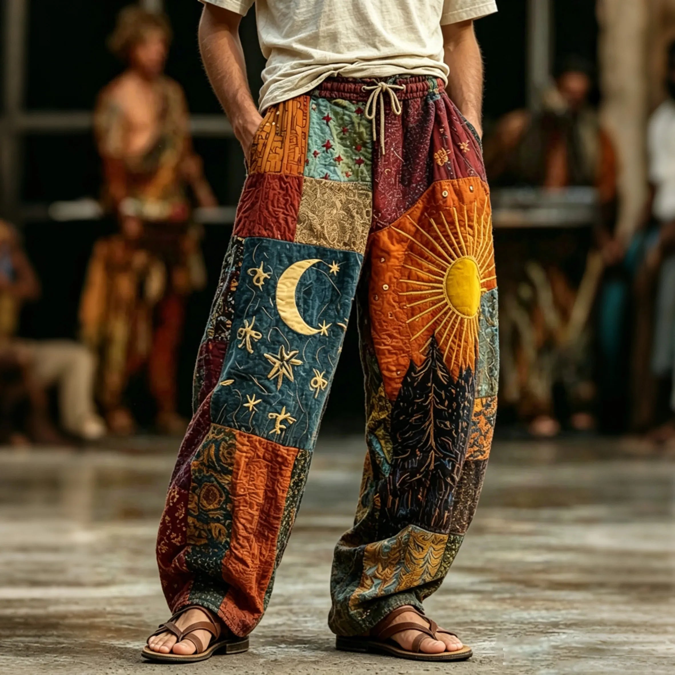 Men's Boho Sun And Moon Hippie Patchwork Art Print Loose Drawstring Waist Pants