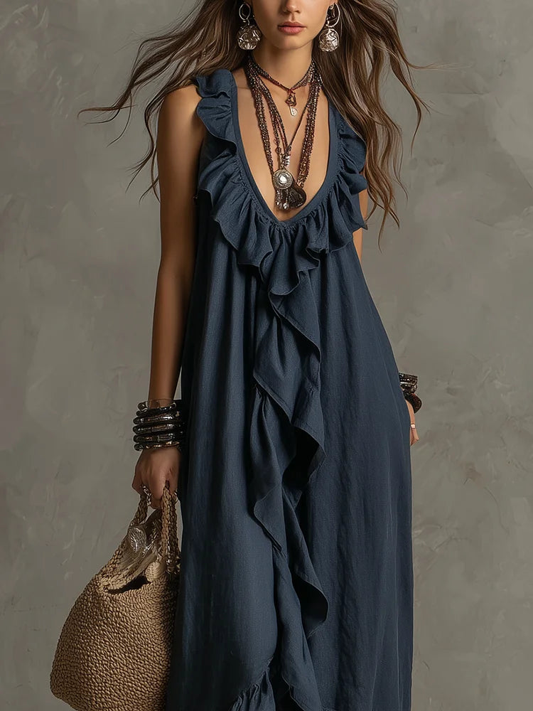 Elegant Bohemian V Neck Ruffle Maxi Dress