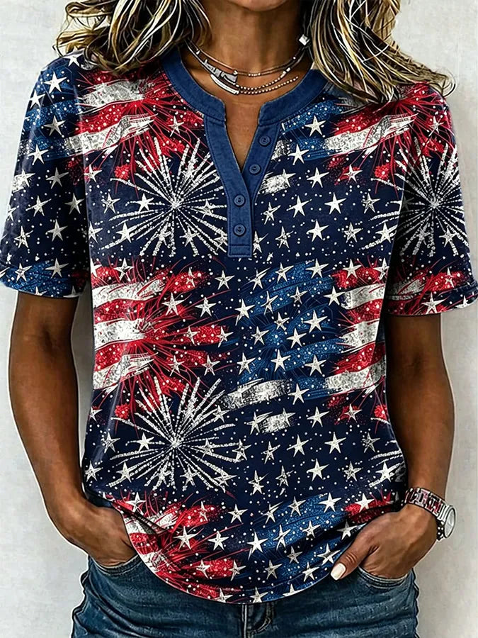 Female Leisure Patriotic Fireworks Flag Button T-Shirt