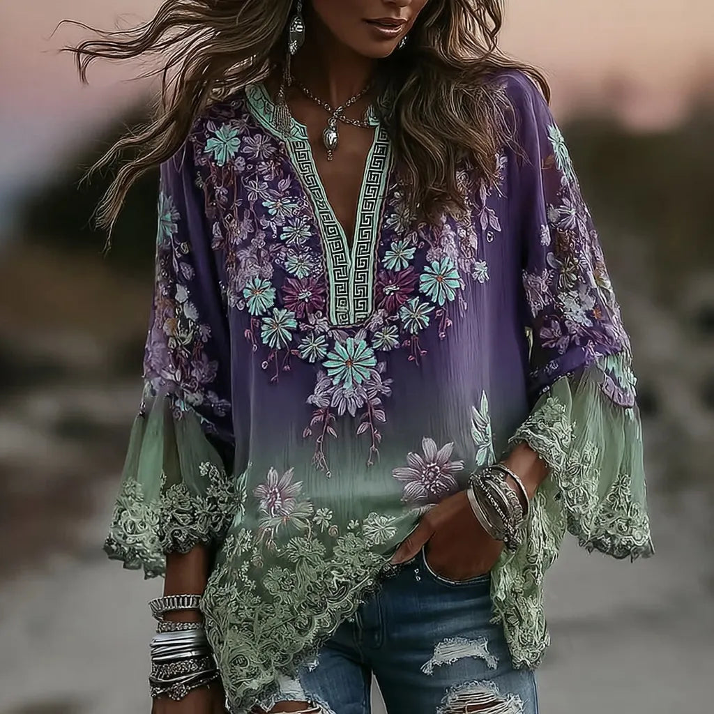 Women's Vintage Boho Floral Gradient Art Print Flowy Linen Blend Casual Shirts