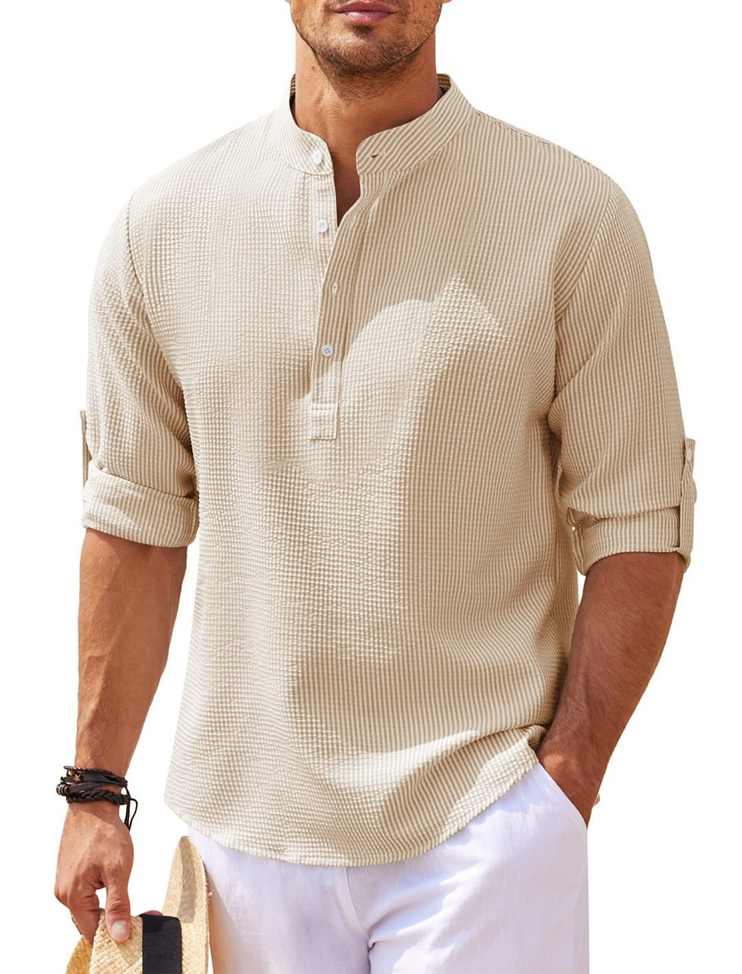 Men's Regular Fit Solid Color Waffle-knit Jacquard Long Sleeve Tee
