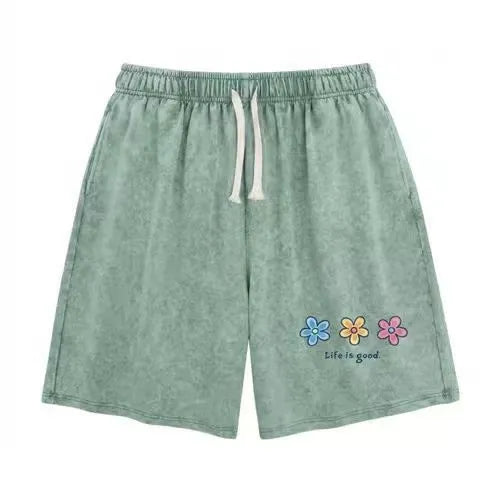 Unisex Flower Print Casual Shorts Acid Wash Soft Comfortable Cotton Blend Bottoms