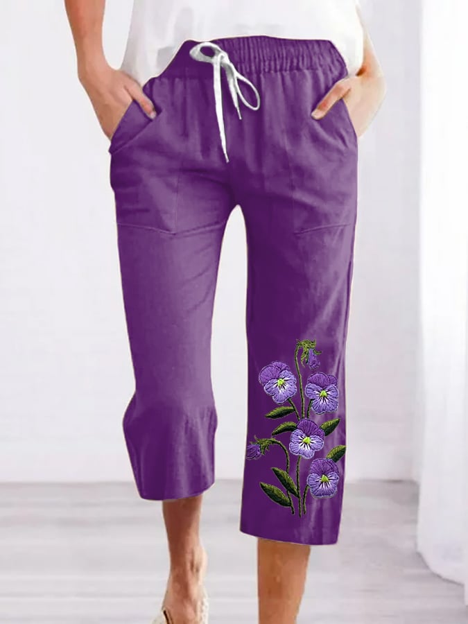 Women's Purple Flower Alzheimer's Awareness Support Cropped Pants