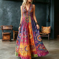 Women's Retro Hippie Floral Art Peace Symbol Embroidered Cotton Linen Sleeveless Dress