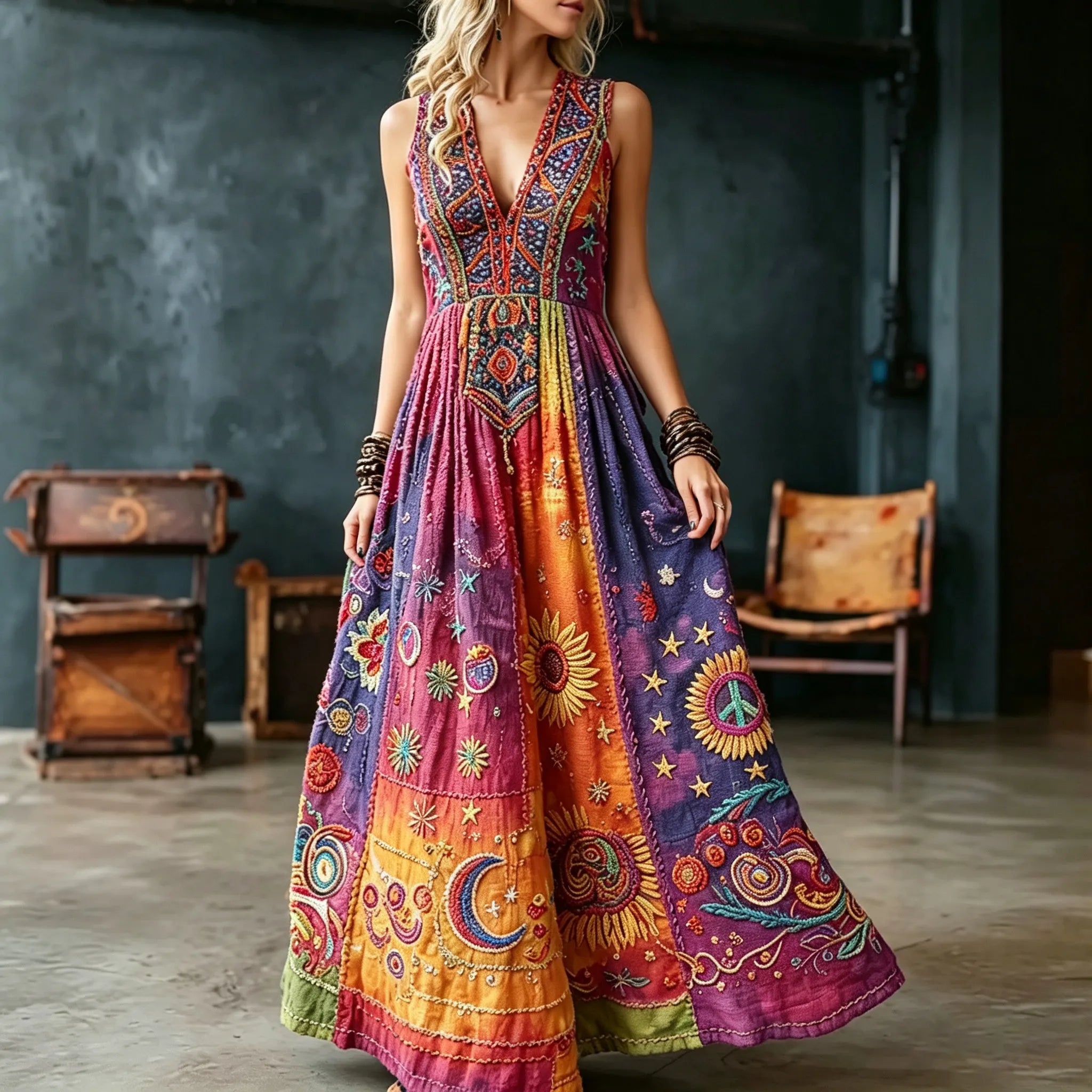 Women's Retro Hippie Floral Art Peace Symbol Embroidered Cotton Linen Sleeveless Dress