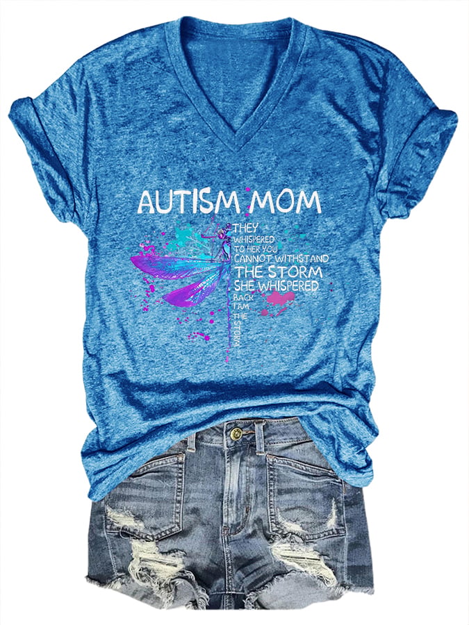 V-neck Autism Mom Print T-Shirt