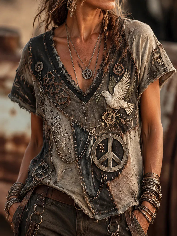 Women's Post Apocalyptic Boho Patchwork Wasteland Gear Peace Sign Dove Embroidery Distressed T-shirt
