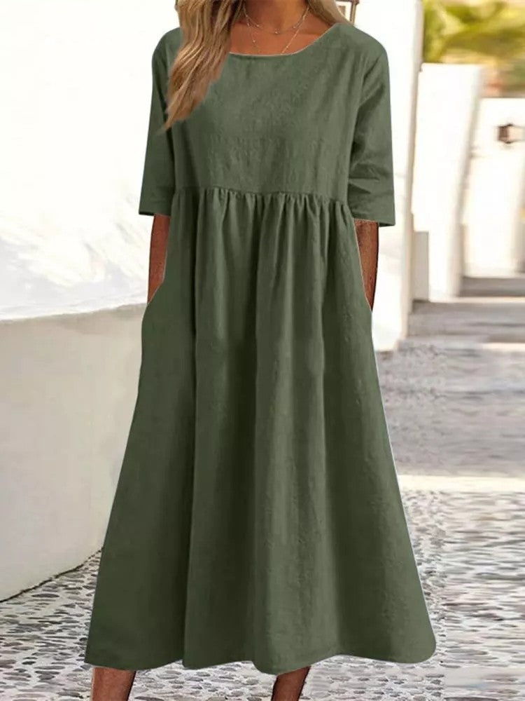 2025 spring and summer new round neck 5-quarter sleeve large size loose long cotton and linen dress