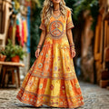 Women's Retro Hippie Peace Floral Art Short Sleeve  Casual Linen Blend Maxi Dress