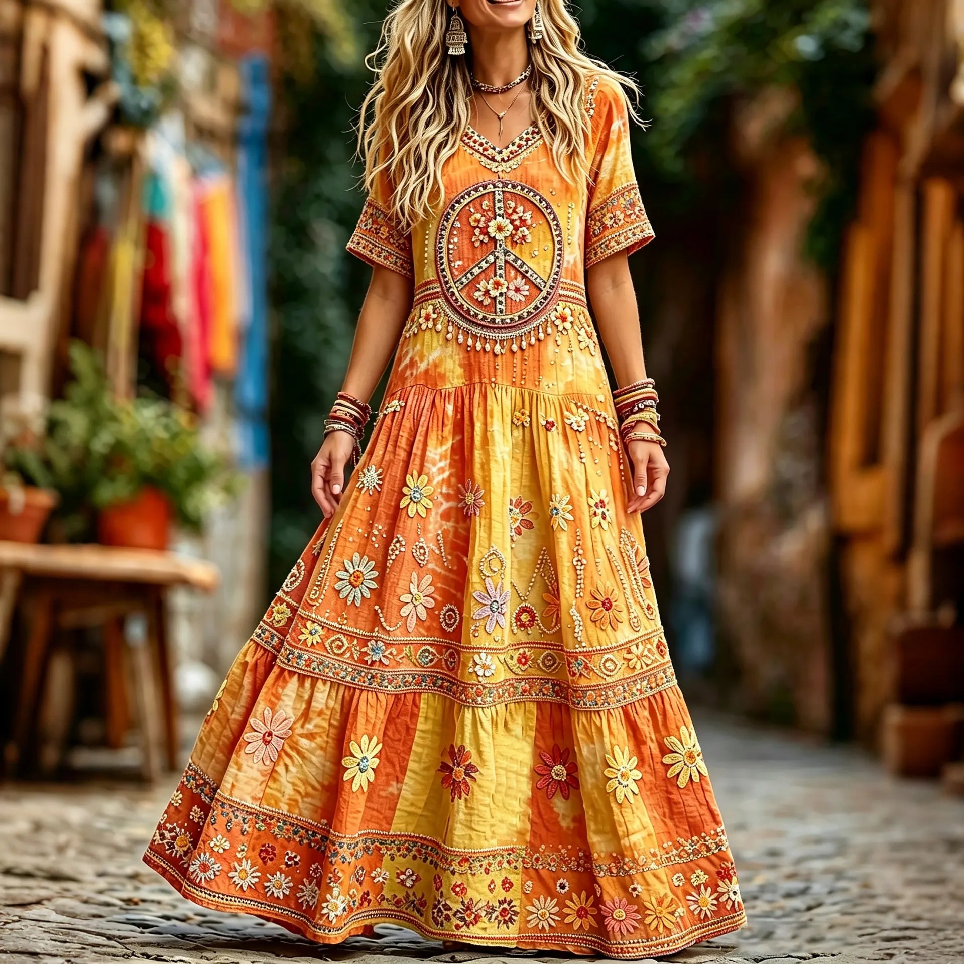 Women's Retro Hippie Peace Floral Art Short Sleeve  Casual Linen Blend Maxi Dress