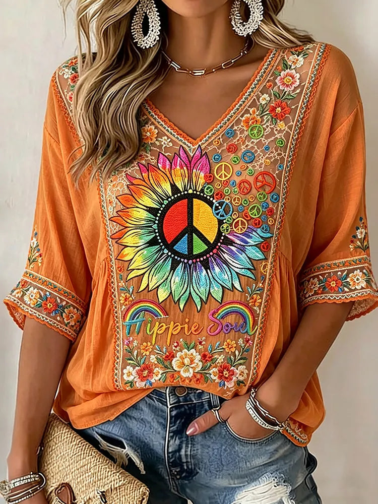 Women's Retro Hippie Peace Floral Patchwork Casual Mid-sleeve T-shirt
