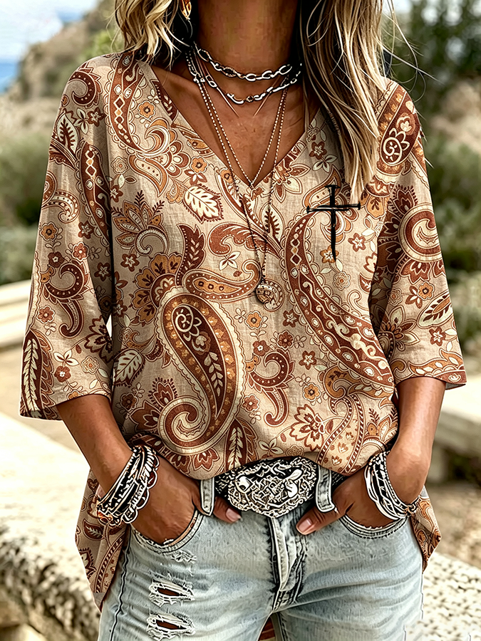 Women'S Casual V-Neck Solid Color Seven Quarter Sleeve T-Shirt